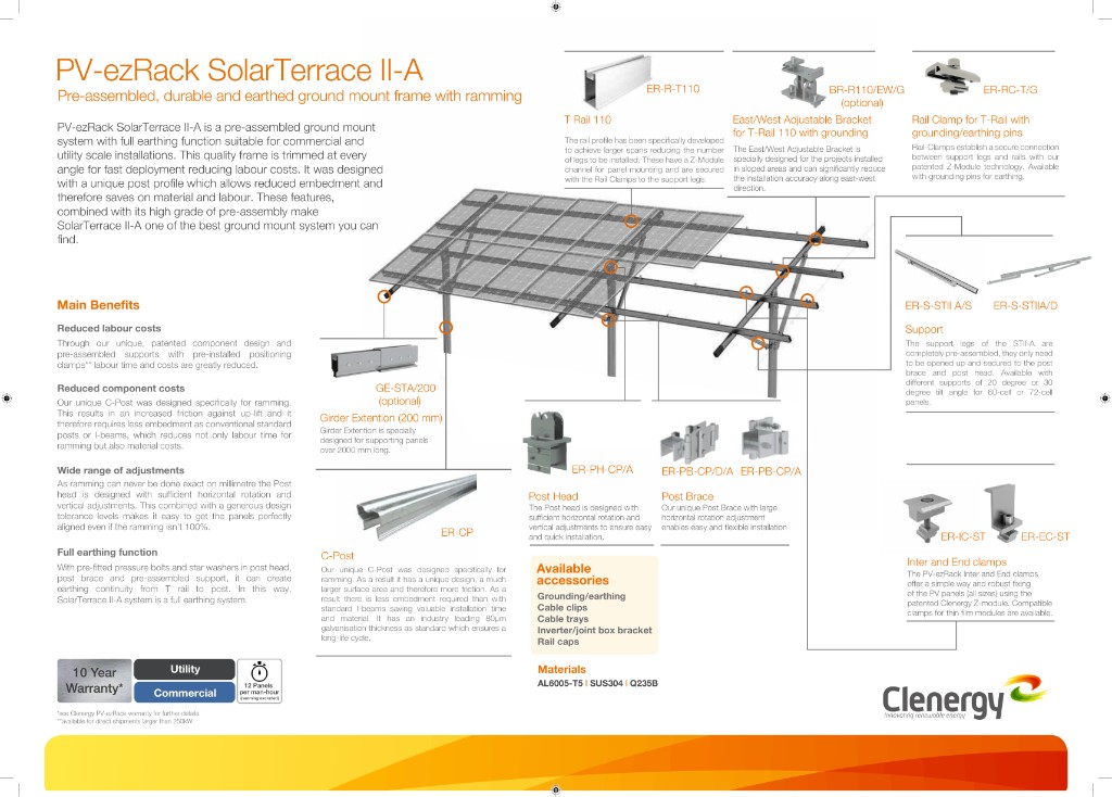 Clenergy SolarTerrace II-A brochure page showing frame components and engineering layout