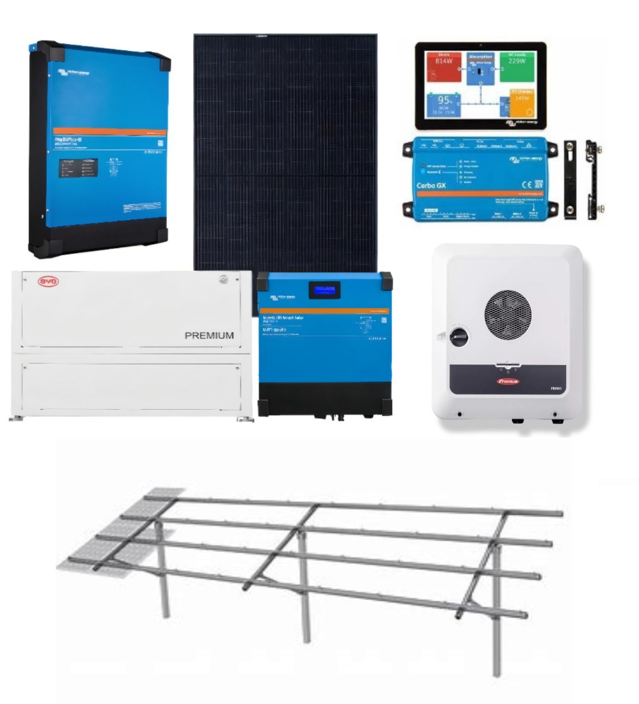 Off-grid system layout showing Victron, BYD, Fronius, and ground-mount components